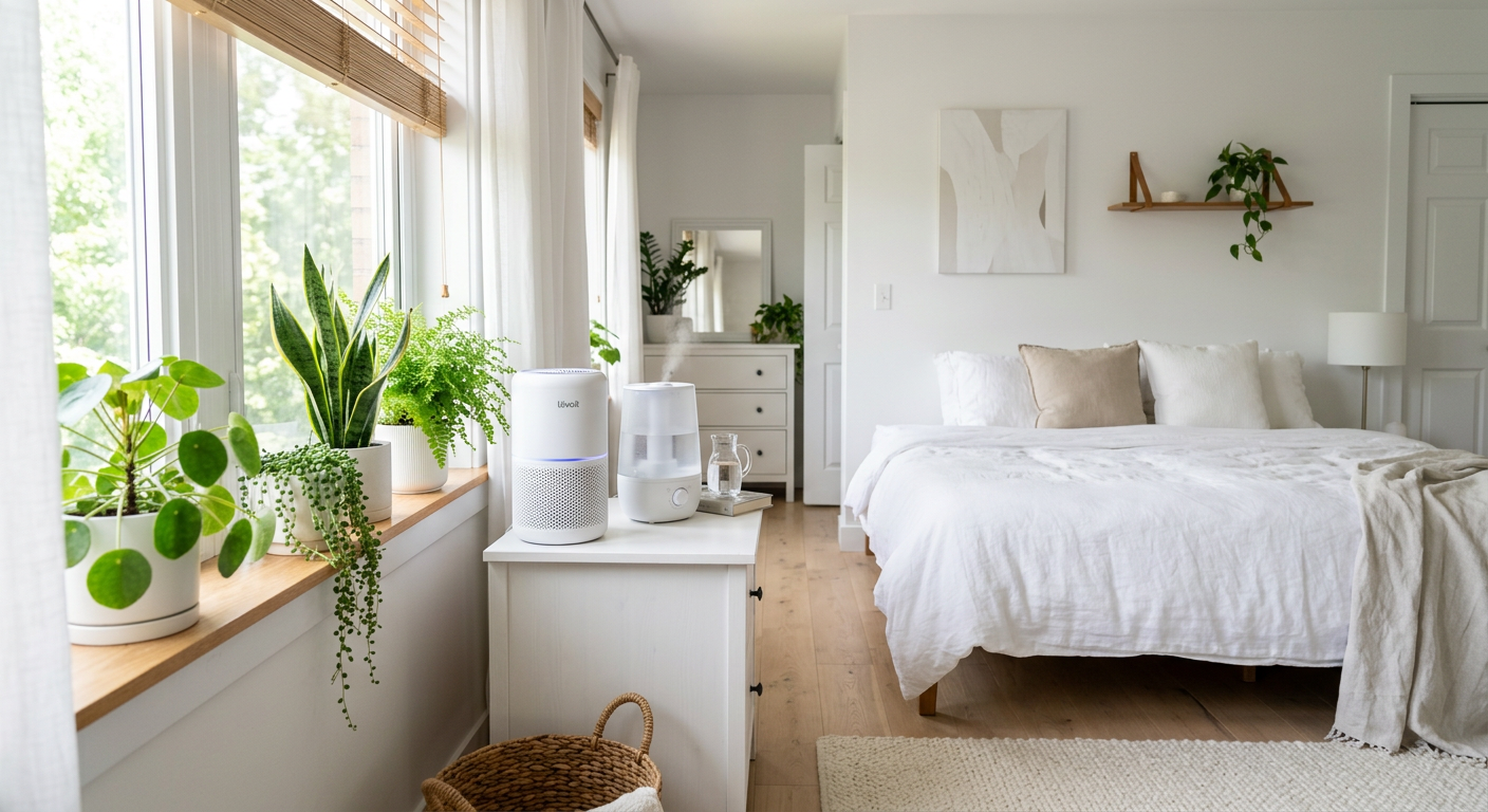 A bright bedroom with an air purifier and plants by the window