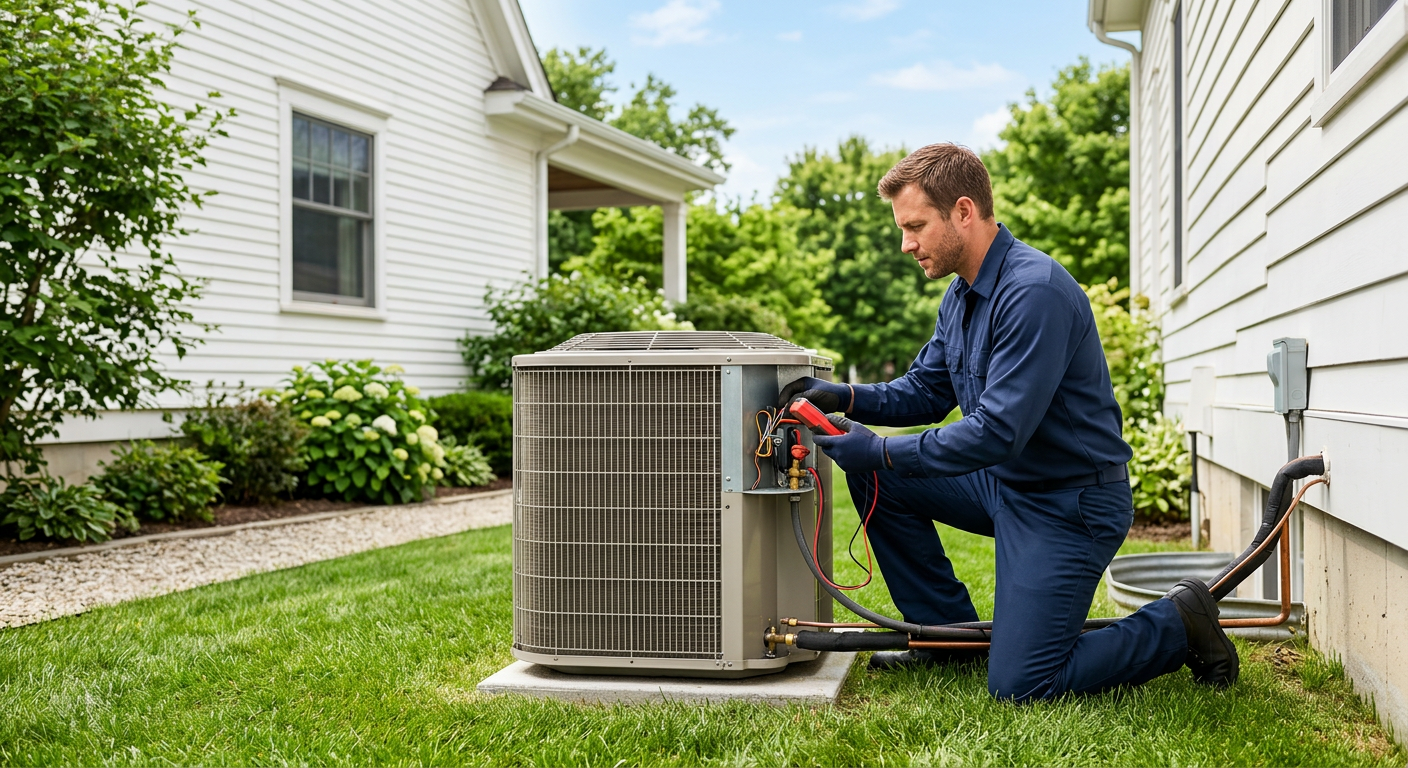 A technician inspecting an outdoor air conditioning unit beside a home