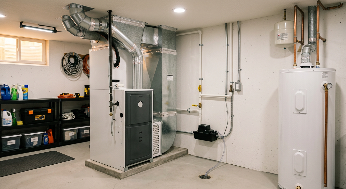 A clean residential furnace in a tidy utility room