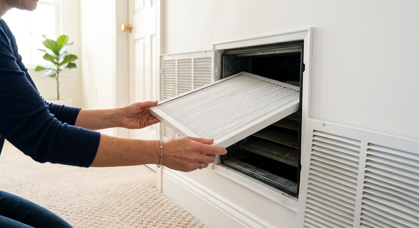 A homeowner sliding a fresh air filter into a return vent