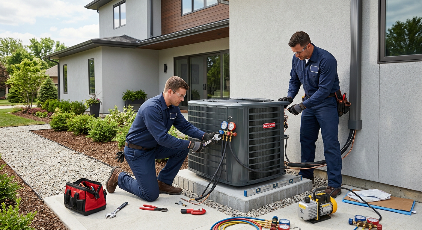 Two technicians installing a new outdoor heat pump unit