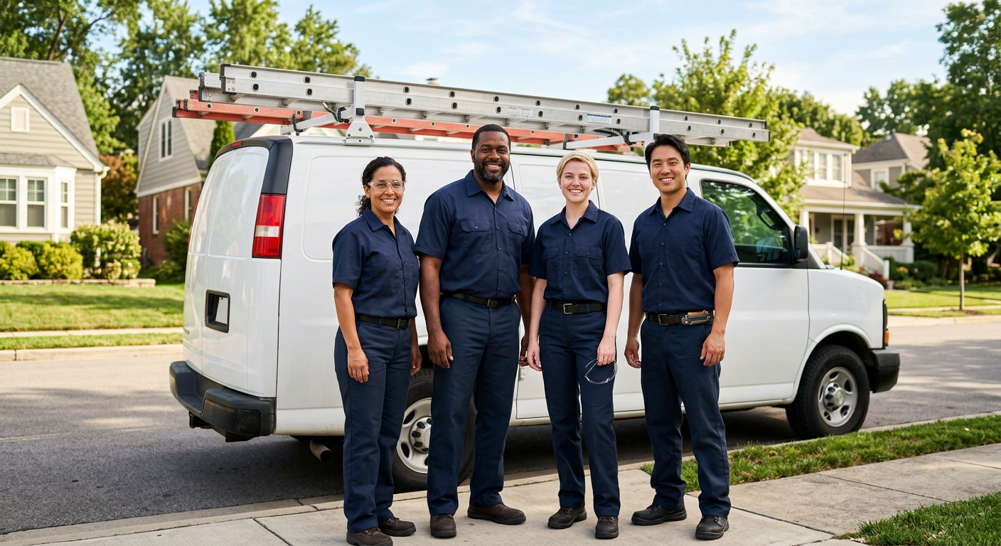 The fictional ClearComfort technician team beside a service van