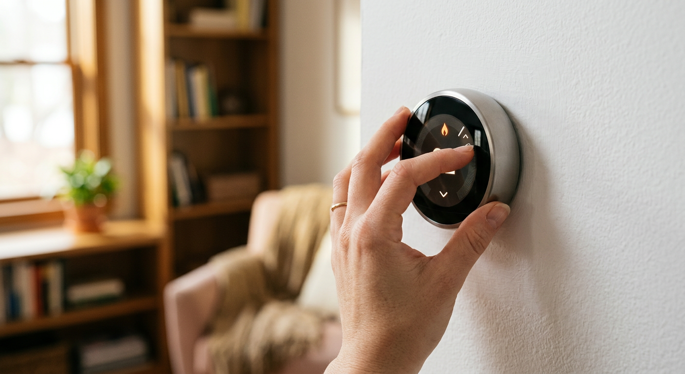 A hand adjusting a smart thermostat on a wall